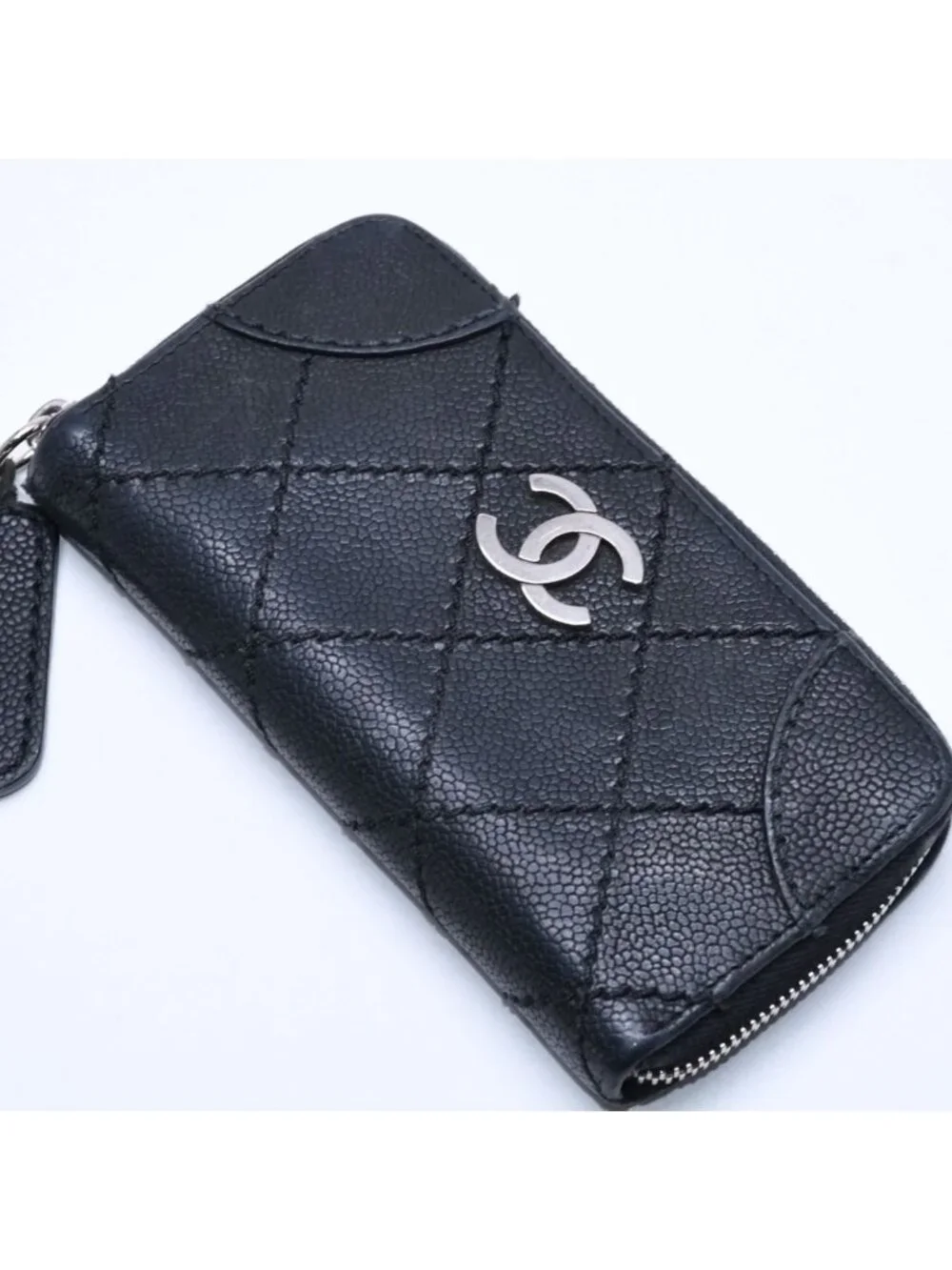 Chanel Leather Wallet Card Case CC Logo Wild Stitch Caviar Black Silver